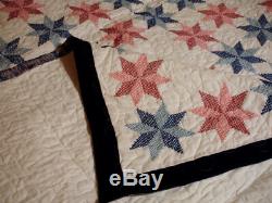 Vintage Cross Stitch Quilt Star Pattern Blue and Pink Handmade 82x98 Inches