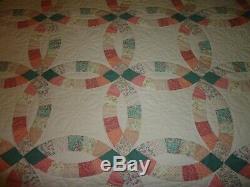 Vintage DOUBLE WEDDING RING PATCHWORK QUILT 84 x 84 with 2 Shams HANDMADE BEAUTY