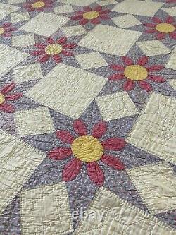 Vintage Daisy Flower Star Purple Quilted Blanket Quilt 73 X 65 Handmade Cotton