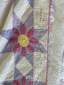 Vintage Daisy Flower Star Purple Quilted Blanket Quilt 73 X 65 Handmade Cotton