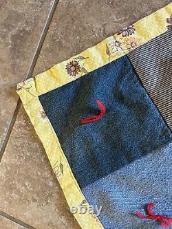 Vintage Denim Patchwork Quilt With Yellow Dotted Floral Backing Reversible