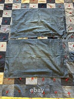 Vintage Denim Patchwork Quilt With Yellow Dotted Floral Backing Reversible
