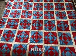 Vintage Diamond Quilt Red White Blue Reversible Flowers Approx. 78 X 92