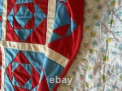 Vintage Diamond Quilt Red White Blue Reversible Flowers Approx. 78 X 92