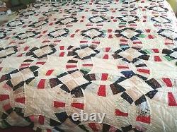Vintage Double Wedding Ring Quilt 82 x 96 Hand Made Hand Quilted
