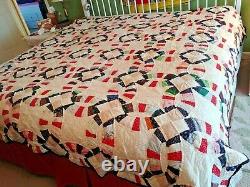 Vintage Double Wedding Ring Quilt 82 x 96 Hand Made Hand Quilted