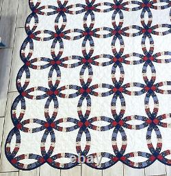 Vintage Double Wedding Ring Quilt Full Size 78 x 86 Handmade Cotton Patchwork