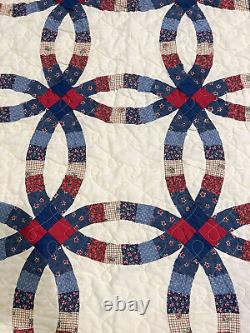 Vintage Double Wedding Ring Quilt Full Size 78 x 86 Handmade Cotton Patchwork