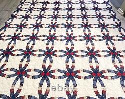 Vintage Double Wedding Ring Quilt Full Size 78 x 86 Handmade Cotton Patchwork