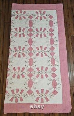 Vintage Double Wedding Ring Quilt Handmade Pink White Floral 76 x 75