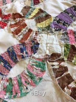 Vintage Double Wedding Ring Quilt Top Handmade Machine Sewn Colorful 72x92