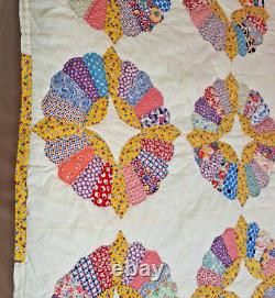 Vintage Dresden Plate Quilt Handmade Hand Quilted 69 x 83 1930s 1940s