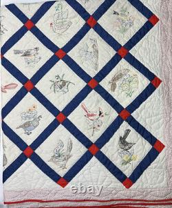 Vintage Embroidered 50 State Bird Quilt Handmade 88x98 Hand Stitch