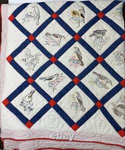 Vintage Embroidered 50 State Bird Quilt Handmade 88x98 Hand Stitch