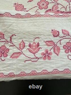 Vintage Embroidered Cross-Stitch Quilt Full Size 81 x 91 Flower Basket Pink