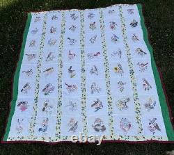 Vintage Embroidered Patchwork Panels Handmade Quilt 48 State Birds And Flowers