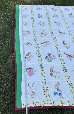 Vintage Embroidered Patchwork Panels Handmade Quilt 48 State Birds And Flowers