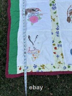 Vintage Embroidered Patchwork Panels Handmade Quilt 48 State Birds And Flowers