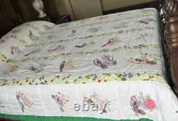 Vintage Embroidered Patchwork Panels Handmade Quilt 48 State Birds And Flowers