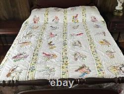 Vintage Embroidered Patchwork Panels Handmade Quilt 48 State Birds And Flowers