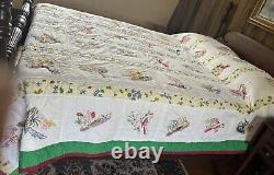 Vintage Embroidered Patchwork Panels Handmade Quilt 48 State Birds And Flowers