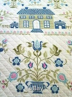 Vintage Embroidered Quilt House Birds Cross Stich Sampler Hand Made 78x92Signed