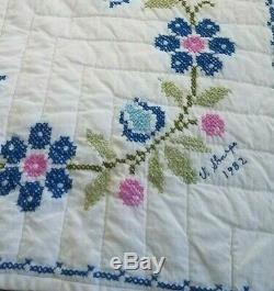 Vintage Embroidered Quilt House Birds Cross Stich Sampler Hand Made 78x92Signed