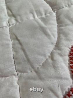 Vintage Embroidery Quilt Hand Quilted 80x94 Red White Cross Stitch
