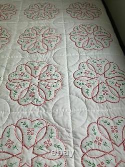 Vintage Embroidery Quilt Hand Quilted 80x94 Red White Cross Stitch