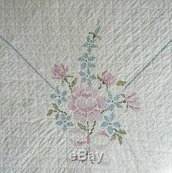 Vintage Estate Hand Made Cross Stitch White Quilt Comforter 87 X 76 Euc