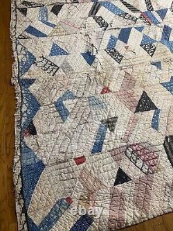 Vintage Farmhouse Crazy Quilt 1900s Handmade Antique Patchwork Distressed