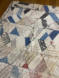 Vintage Farmhouse Crazy Quilt 1900s Handmade Antique Patchwork Distressed