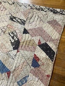 Vintage Farmhouse Crazy Quilt 1900s Handmade Antique Patchwork Distressed