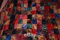 Vintage Farmhouse Jewel Tone Crushed Velvet XL King Size Handmade Quilt 116x107