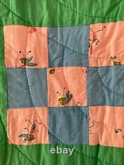 Vintage Farmhouse Quilt Handmade Nine Patch with Green Sashing