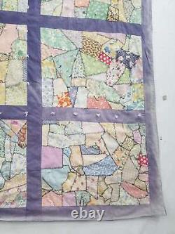 Vintage Feed Sack Hand Stitched Crazy Quilt 85x83 inch