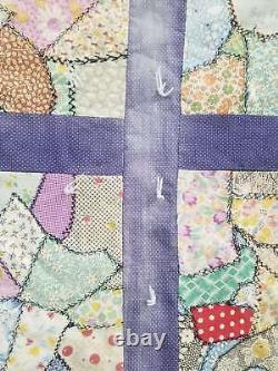 Vintage Feed Sack Hand Stitched Crazy Quilt 85x83 inch