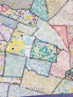 Vintage Feed Sack Hand Stitched Crazy Quilt 85x83 inch