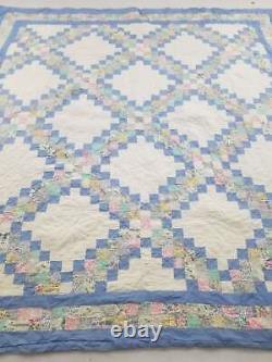 Vintage Feed Sack Hand Stitched Diamond Pattern Multicolor Quilt 88x82 inch