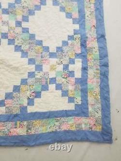 Vintage Feed Sack Hand Stitched Diamond Pattern Multicolor Quilt 88x82 inch