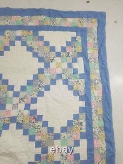 Vintage Feed Sack Hand Stitched Diamond Pattern Multicolor Quilt 88x82 inch