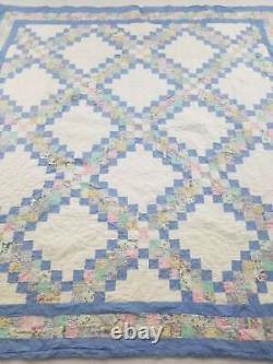 Vintage Feed Sack Hand Stitched Diamond Pattern Multicolor Quilt 88x82 inch