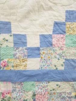 Vintage Feed Sack Hand Stitched Diamond Pattern Multicolor Quilt 88x82 inch