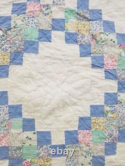 Vintage Feed Sack Hand Stitched Diamond Pattern Multicolor Quilt 88x82 inch