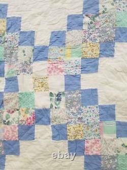 Vintage Feed Sack Hand Stitched Diamond Pattern Multicolor Quilt 88x82 inch