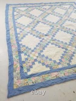 Vintage Feed Sack Hand Stitched Diamond Pattern Multicolor Quilt 88x82 inch