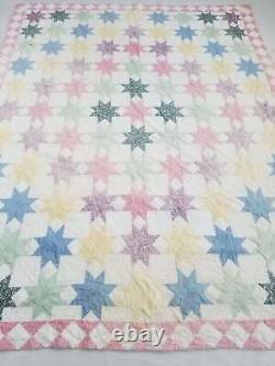 Vintage Feed Sack Hand Stitched Eight Point Star Pattern Quilt 85x72 inch