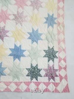 Vintage Feed Sack Hand Stitched Eight Point Star Pattern Quilt 85x72 inch