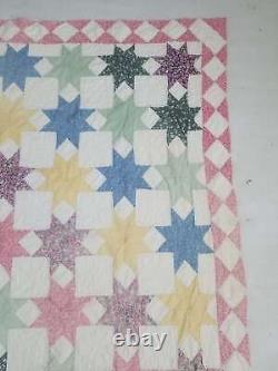 Vintage Feed Sack Hand Stitched Eight Point Star Pattern Quilt 85x72 inch