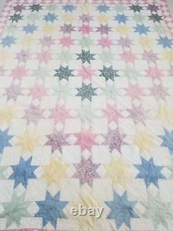 Vintage Feed Sack Hand Stitched Eight Point Star Pattern Quilt 85x72 inch